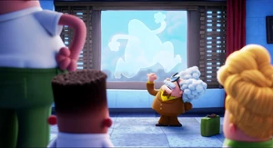 Poopypants sees that a shape of a man broke Krupp’s window, unrealized that was Captain Underpants who broke it.