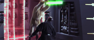 Using the Force, Kenobi leaped out of the shaft and summoned the lightsaber to his hand activating it