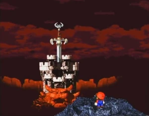 Mario observes Exor over Bowser's Keep from Vista Hill.