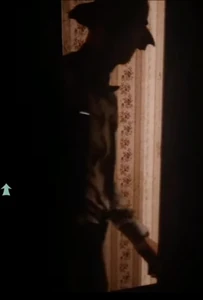 Hugo walking by Maya hiding.