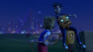 DOR-15 kills Carl before he can take Lewis, Wilbur and the Memory Scanner to the safety of the Robinsons' house.