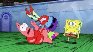 Mr. Krabs strangling Patrick.