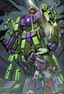 The new Devastator in the IDW comics, with Prowl forming the chest. Dubbed by fans as "Prowlstator"