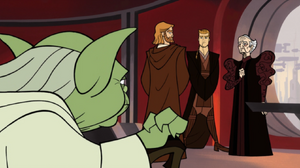 Yoda admits Skywalker is powerful, and begins to make another statement, but he is interrupted by Palpatine, who decides for the group that Skywalker will indeed go.