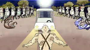 Howard Fightington seeing Mordecai and Rigby ejected from the car.