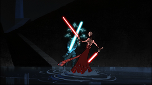 Following her into the temple building, they resume their battle using their lightsabers.
