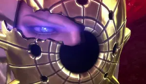 The Masked Lumen's cracked mask reveals the Right Eye of the World, hinting at his true identity.