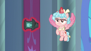 Cozy giving a smug smile as she reveals to be holding the bell, about to use it to steal Celestia's and Luna's magic.