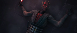 Maul thrown into the plaza wall.