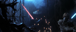 Skywalker gives into his anger and strikes down Vader with a lightsaber blow to the head.