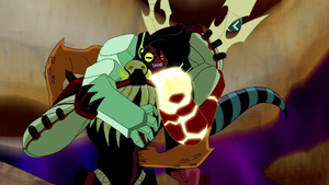 Vilgax tackling and fighting Kevin for the Omnitrix.