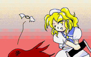 Yumemi&Chiyuri.png (8 KB) Chiyuri stop Yumemi from using the 'four-dimensional positron bomb'.