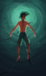 Aeron's near-death experience after his ship went down in a storm whilst being released from the captivity during Greyjoy's Rebellion.