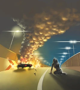 Mimi watching the burning wreckage of her car.