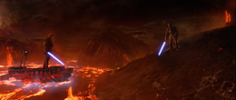 Perched on a rise above the lava river, Kenobi warned Vader that he had the "high ground" and attacking him would be useless.