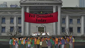 Doofenshmirtz and his members of L.O.V.E.M.U.F.F.I.N. have succeeded in taking over the Tri-State Area, ready to give out their demands at Danville City Hall.