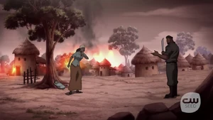 Eshu confronted by Esi during the village attack.