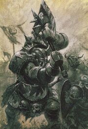 A heavily armored Black Orc about to hack a dwarf to pieces.