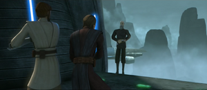 Dooku shuts off his lightsaber and drops off the landing platform.