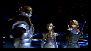 Ganondorf, revived by Link and Zelda, informing him that Tabuu is the real enemy.