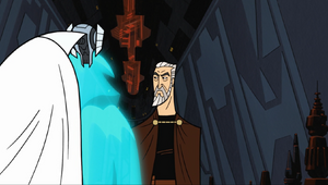 Sidious, on the mechno-chair, moves past Lord Tyranus while Grievous finishes his report.