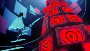 Vox walking up stairs, summoning a cape.