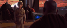 At the Jedi Temple, Skywalker faced the twelve Jedi Masters on the Council with Mace Windu testing Skywalker's abilities by asking him to determine what images were appearing on a testing screen that the Jedi was holding but that the boy could not see.