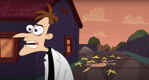 Doof escaping from Beatrice after a banana peel slip.