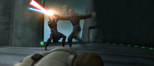 While Kenobi is knocked aside, Dooku and Skywalker fight each other.