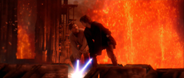 Vader and Kenbi clash their lightsabers into the ramp together.