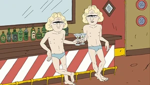 The Twins in speedos during their cameo in Superbar.