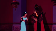 Jafar listening to Jasmine explain Aladdin didn't kidnap her as she ran away on her own.