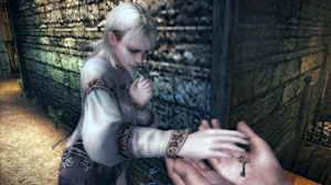 Debilitas offering Fiona a key.