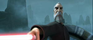 Dooku jumps to a higher section of the cargo freighter.