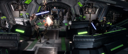 The Neimoidians and OOM pilot battle droids quickly abandoned the bridge leaving the Jedi behind.