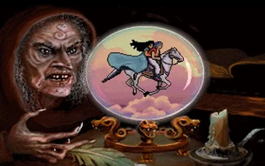 The Witch's brief appearance as she sees the Prince and the Princess riding the magic horse through her crystal ball.