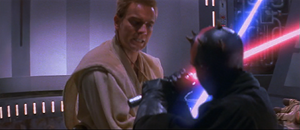 After another brief series of chops and blocks, Kenobi performed a rapid overhand, locking blades with Maul