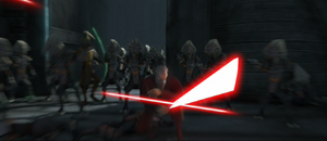 Skywalker and Kenobi tried a Force push against Dooku, but the latter jumped, causing it to knock Lom and his men over.