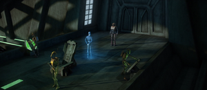 Count Dooku made contact with TJ-912 via hologram on the bridge of her frigate.