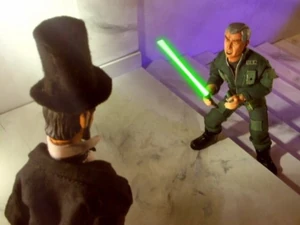 George W. Bush challenges Abraham Lincoln to a lightsaber duel.