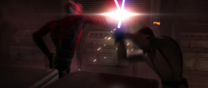 Obi-Wan unleashes a flurry of attacks onto Maul.