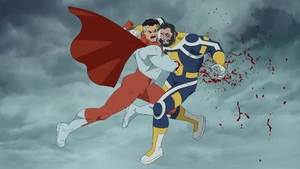 Omni-Man punches into the Immortal's torso.