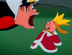 The Queen of Hearts ordains the King of Hearts a trial against Alice.