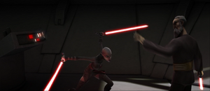 Dooku simultaneously counters Opress attacks with more Force lightning, preventing him from rejoining the fight.