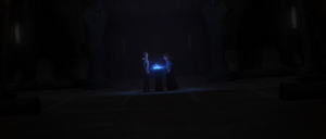 In an enhanced illusion, the Jedi and clones arrive at the LiMerge Building, and encounter Dooku and Darth Sidious.