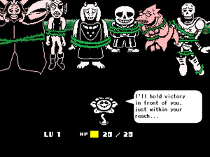 Flowey captures Asgore, Toriel, Undyne, Alphys, Sans, and Papyrus.