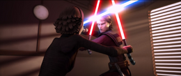 Skywalker left for the Temple, where he went to Offee's quarters and questioned her, only to engage her in a duel.