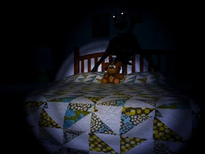 Nightmarionne behind the bed.