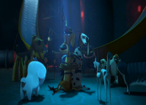 Fifi and the domestics capturing Elliot, Giselle (who is undercover as a dalmatian), McSquizzy (who is disguised as a chihuahua) in their lair in Open Season 2
