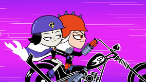 Rose and Raven ride a motorcycle.